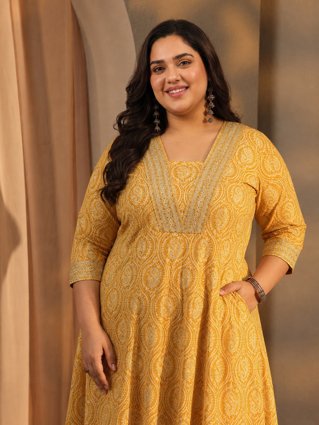 Plus Size Mustard Paisley Printed Cotton Blend Anarkali Suit Set