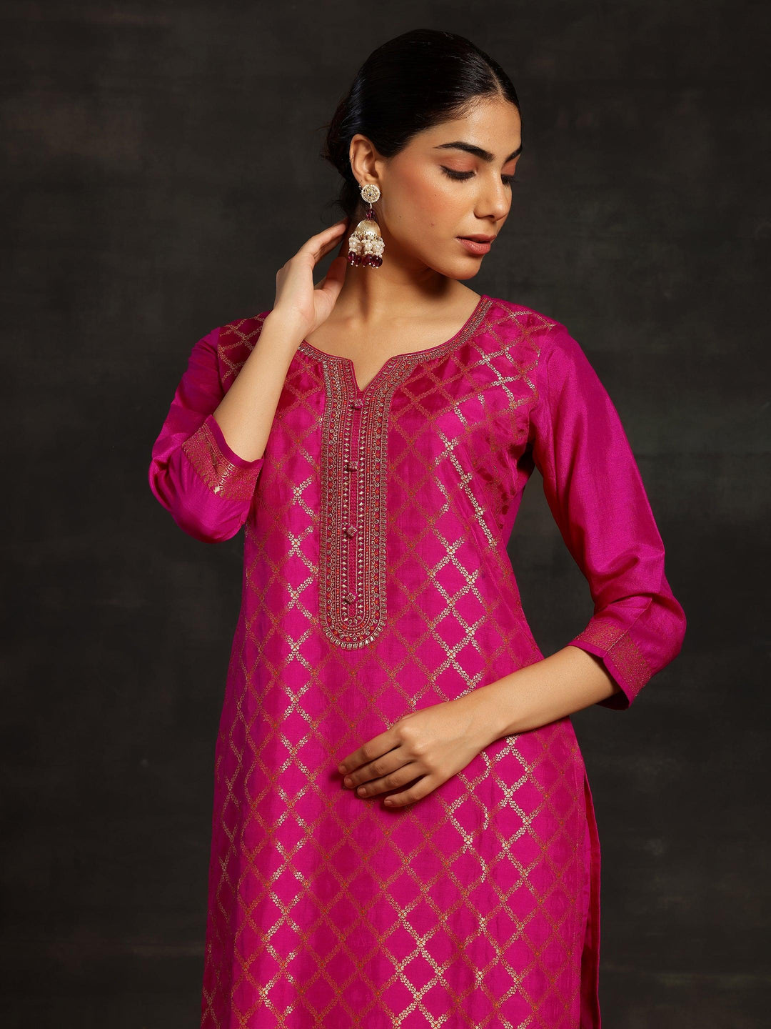 Pink Woven Design Silk Blend Straight Kurta With Trousers & Dupatta - ShopLibas