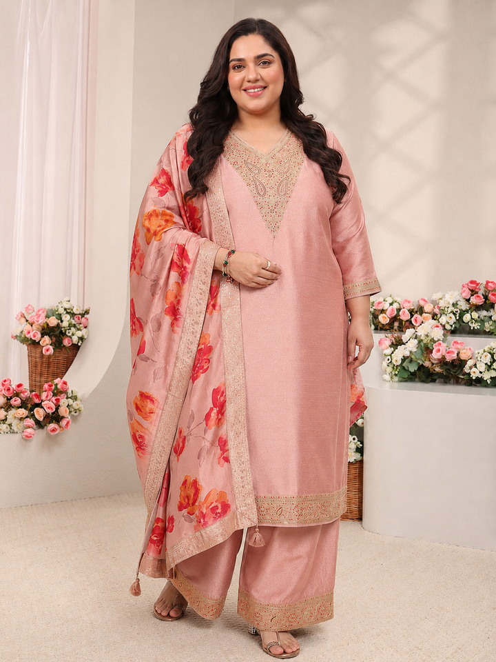 Plus Size Peach Floral Embroidered Silk Blend Straight Suit Set