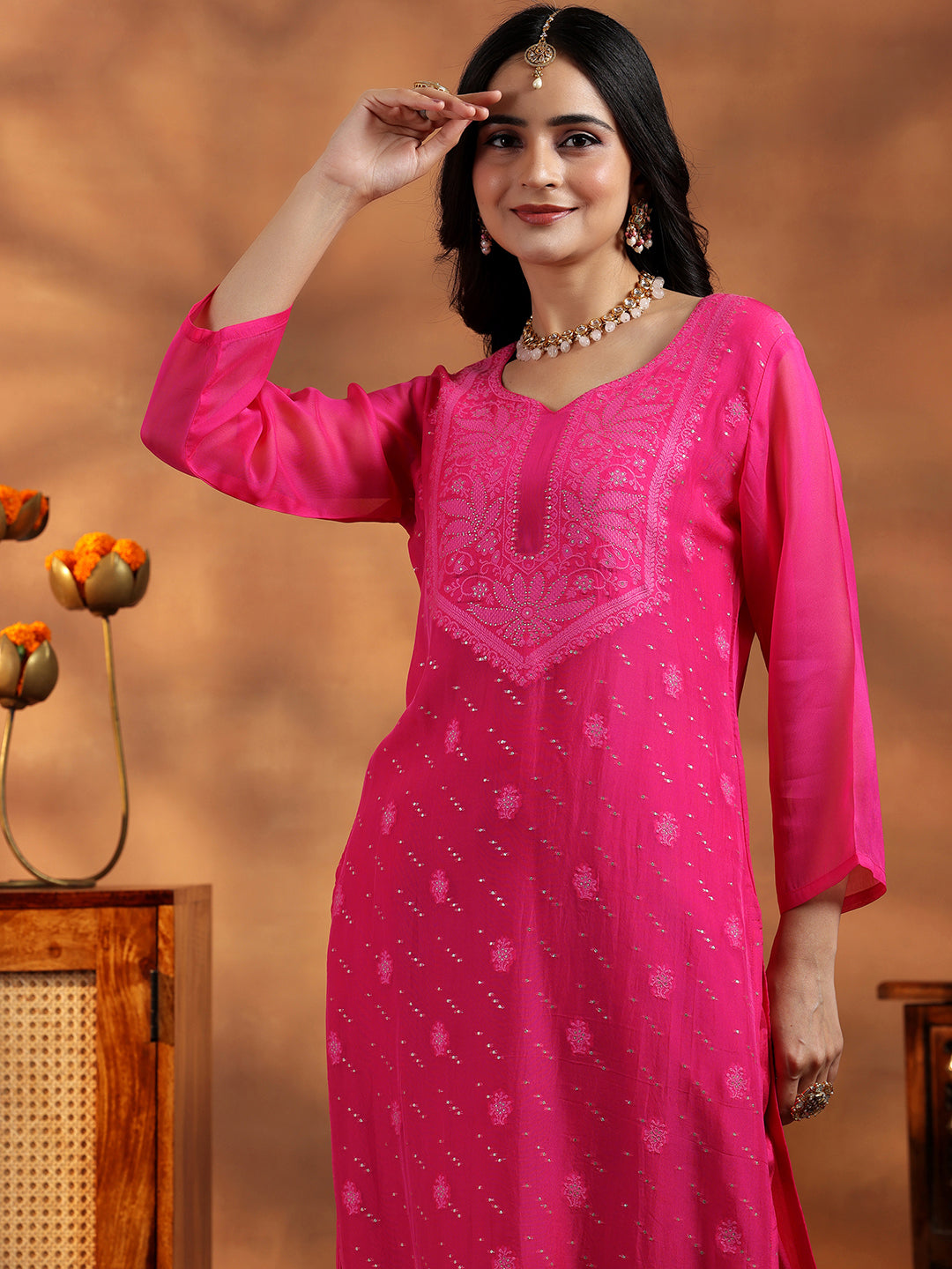 Pink Embroidered Organza Straight Suit With Dupatta