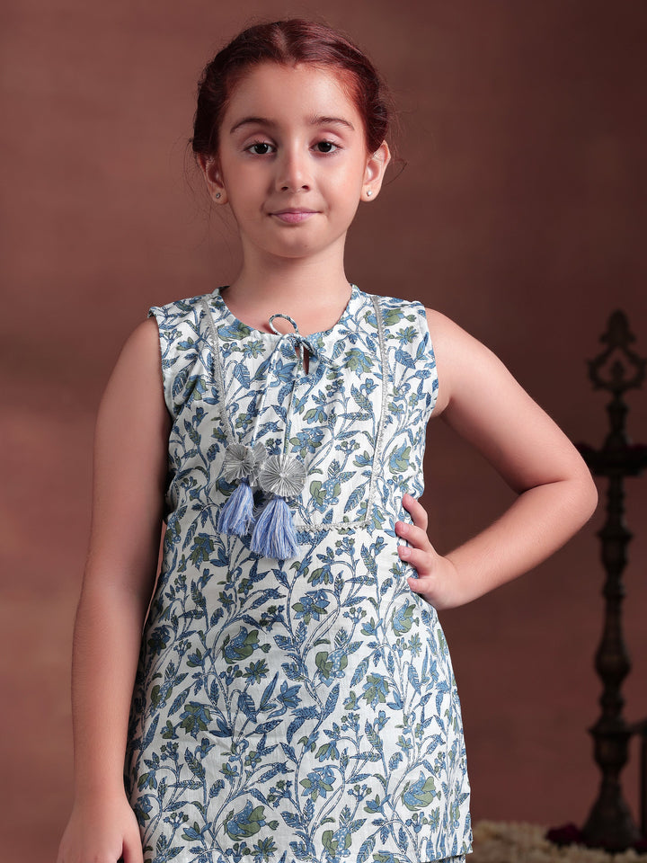 Kids White Printed Cotton Straight Kurta Set