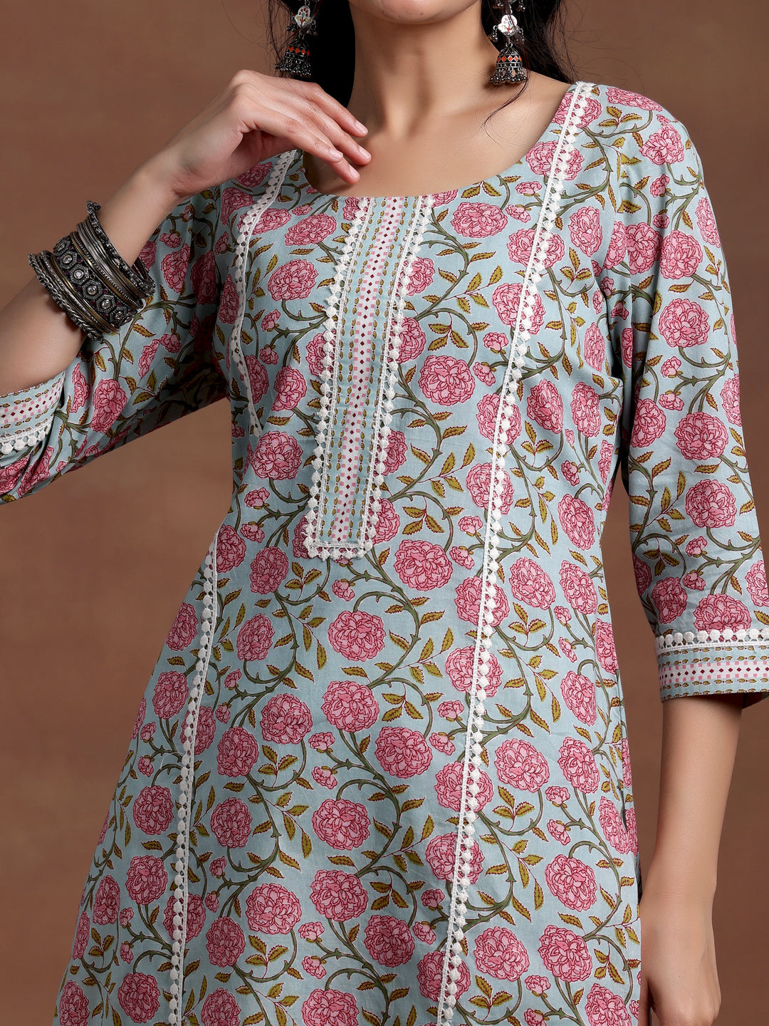 Blue Printed Cotton Straight Kurta