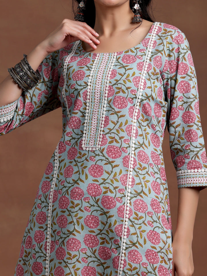 Blue Printed Cotton Straight Kurta