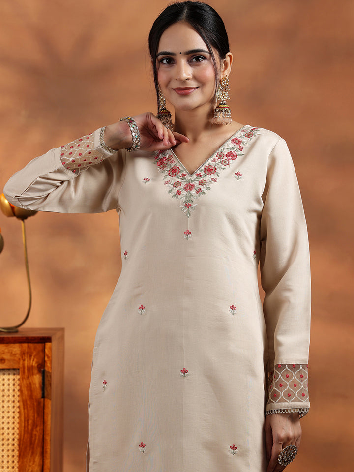 Ivory Embroidered Silk Blend Straight Suit With Dupatta