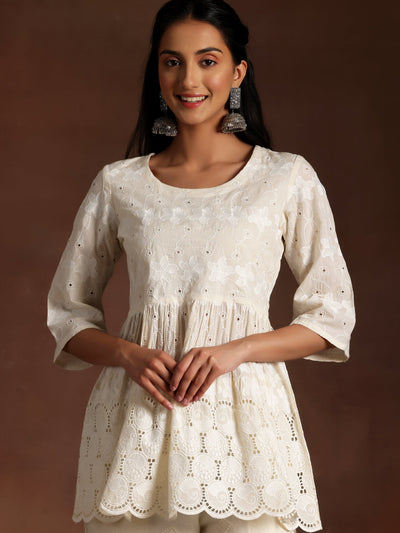 Rajnigandha Off White Embroidered Cotton A-Line Kurti