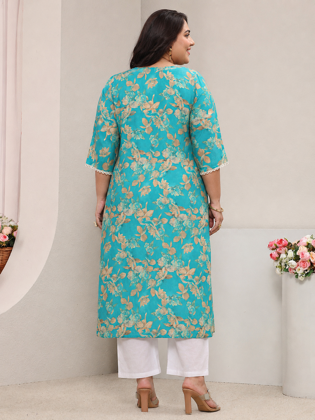 Plus Size Blue Floral Printed Silk Blend Straight Kurta