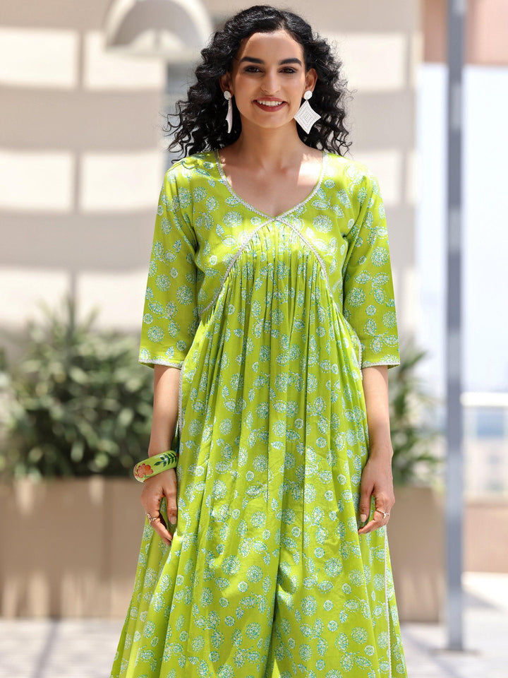 Green Printed Cotton A-Line Kurta With Palazzos & Dupatta