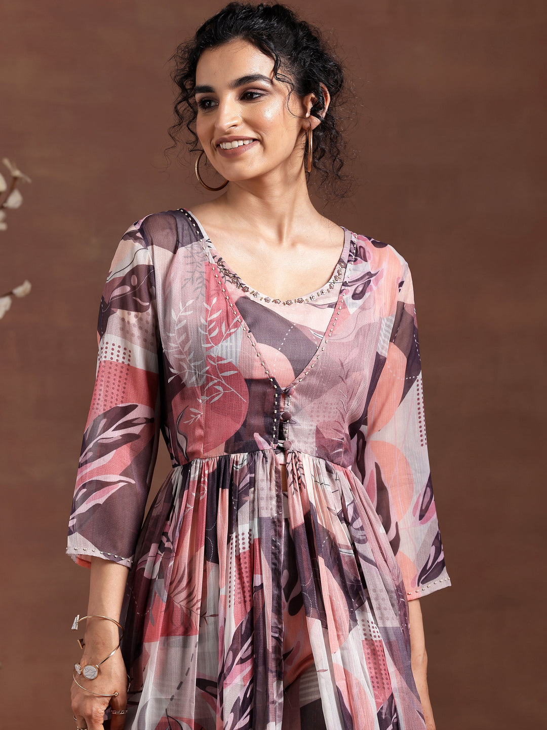 Grey Printed Chiffon 3 Piece Co-Ords