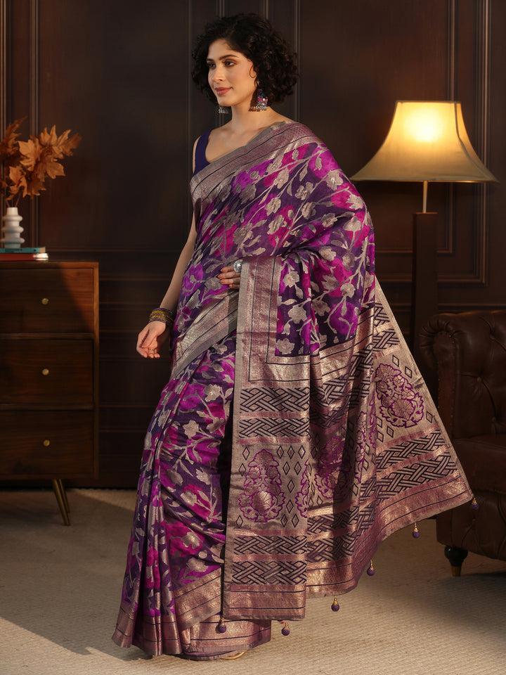 Libas Purple Floral Woven Design Silk Blend Saree