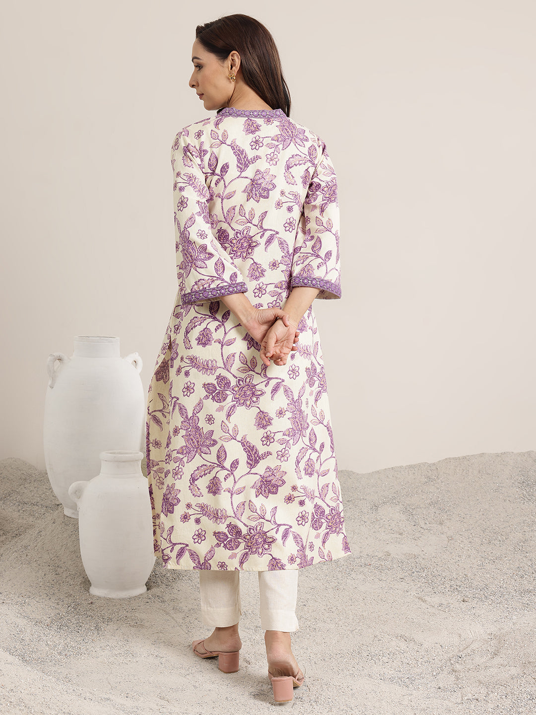 Purple Printed Cotton Straight Kurta