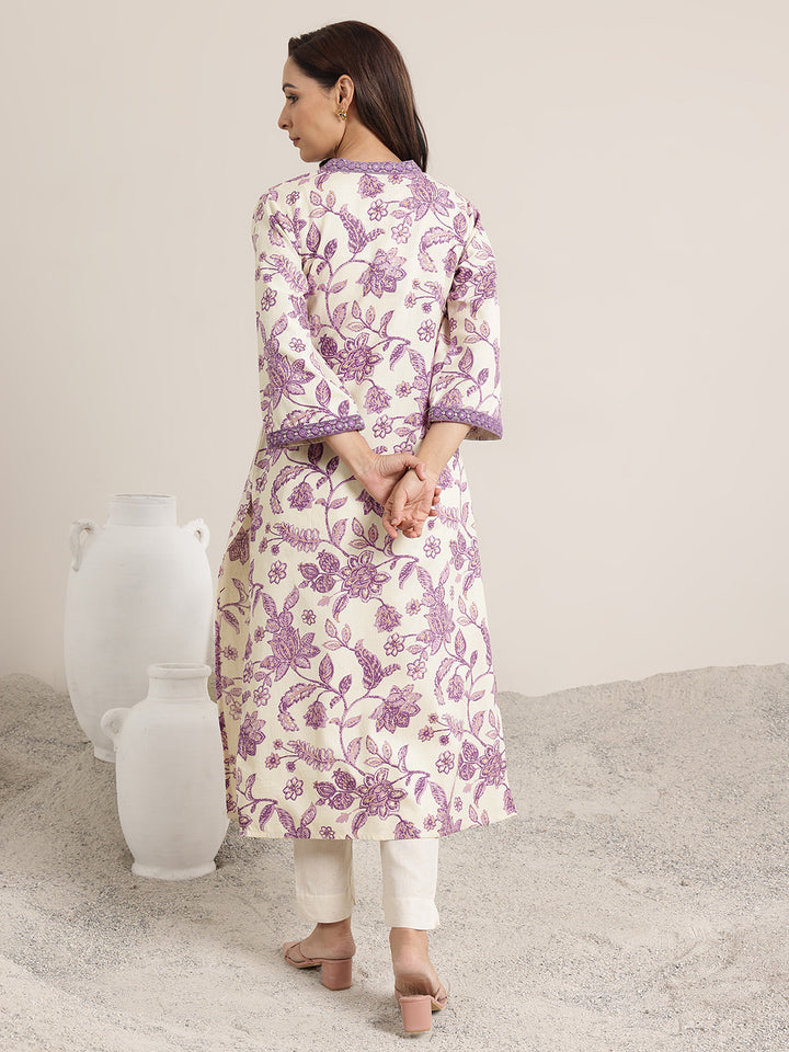 Purple Printed Cotton Straight Kurta