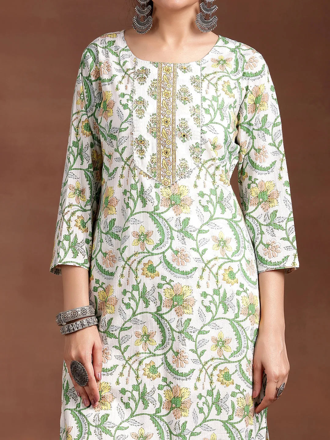 Off White Printed Cotton Straight Kurta Set