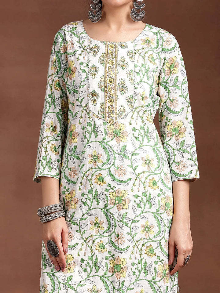 Off White Printed Cotton Straight Kurta Set