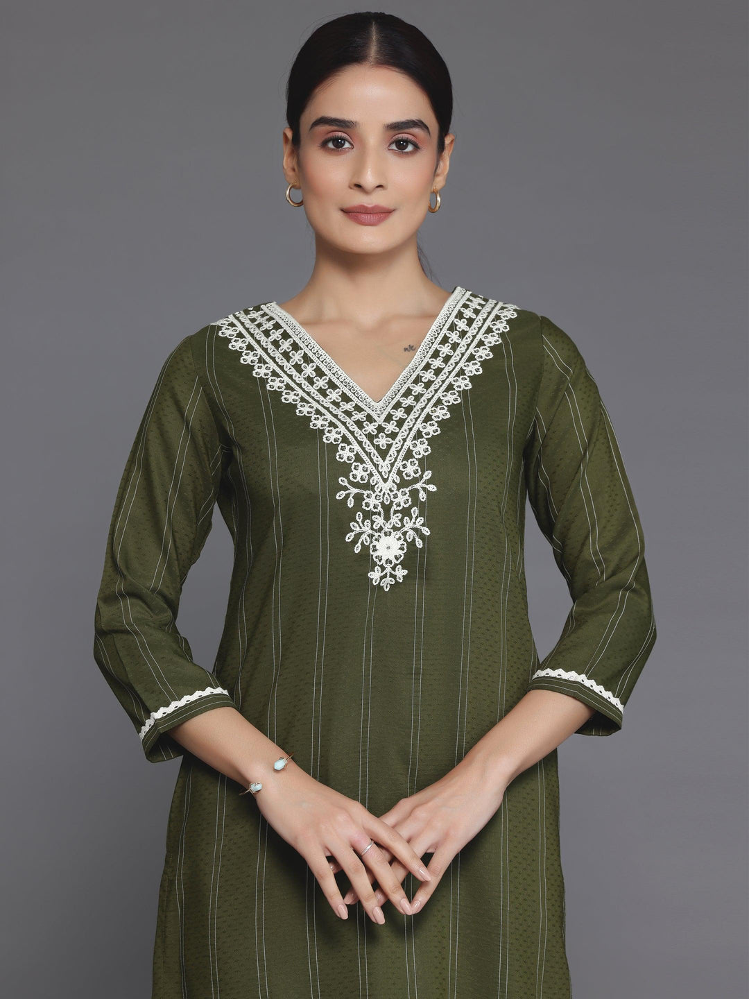 Olive Yoke Design Silk Straight Kurta