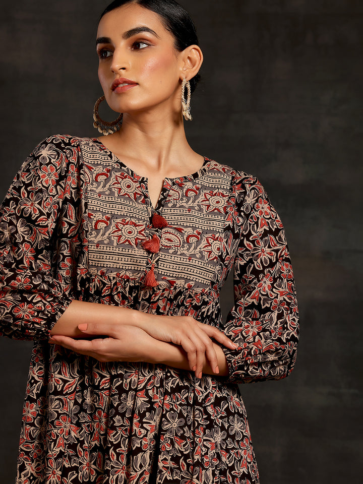Black Printed Cotton A-Line Dress