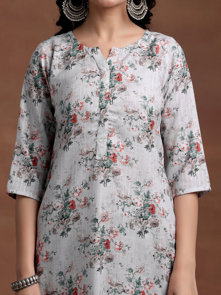 Grey Printed Cotton Straight Suit With Dupatta