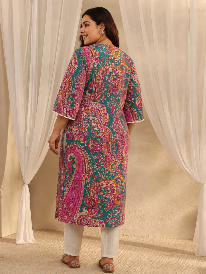 Plus Size Green Paisley Printed Cotton Straight Kurta