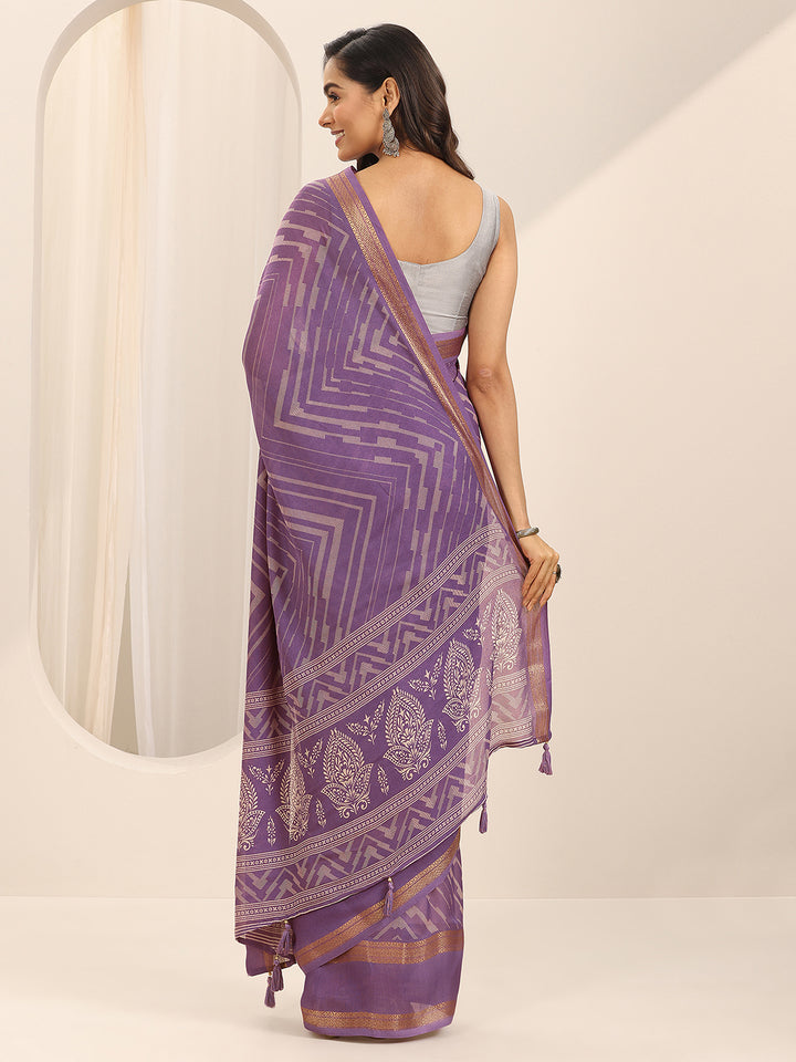 Purple Printed Georgette Saree With Unstitched Blouse Piece