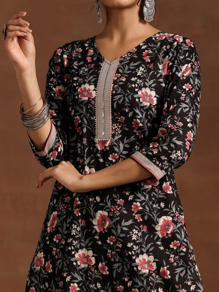 Black Printed Cotton Straight Kurta Set
