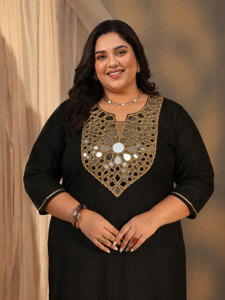 Plus Size Black Embellished Silk Blend Straight Kurta Set