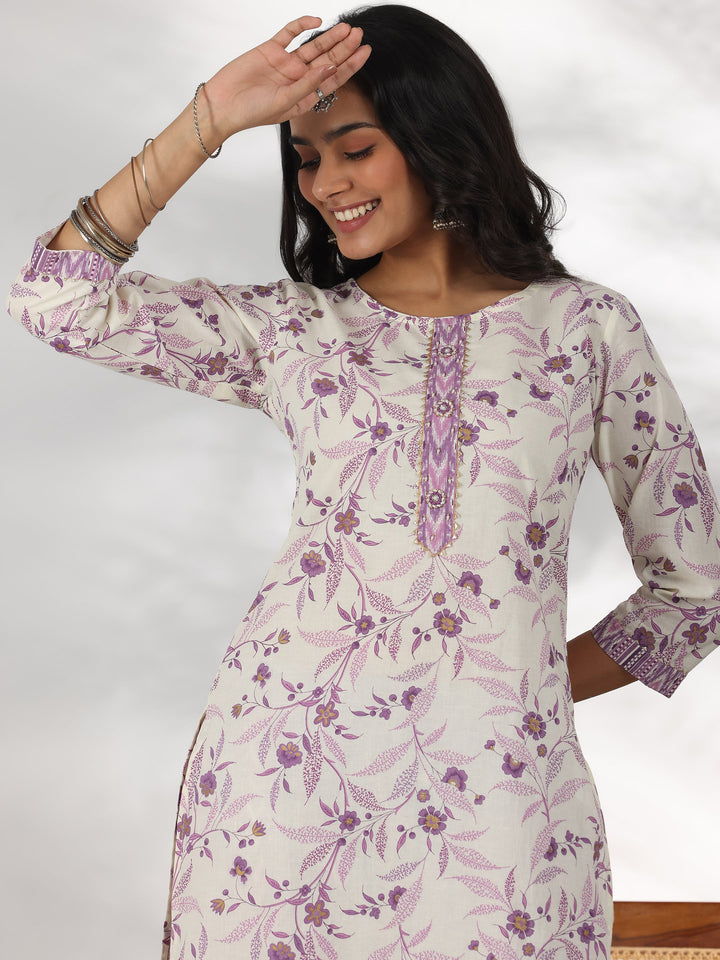 Off White Printed Cotton Straight Suit With Dupatta