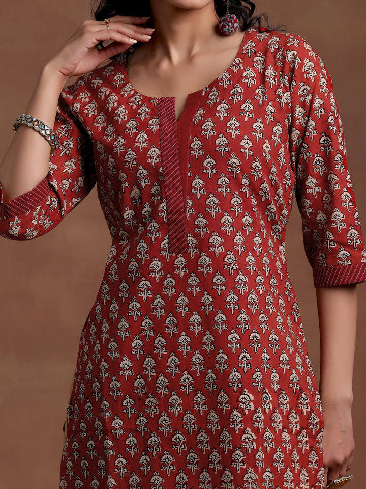 Maroon Printed Cotton Straight Kurta