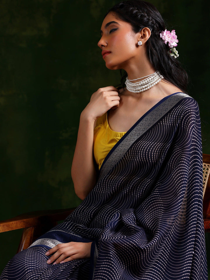 Blue Printed Silk Blend Saree With Unstitched Blouse Piece - Libas