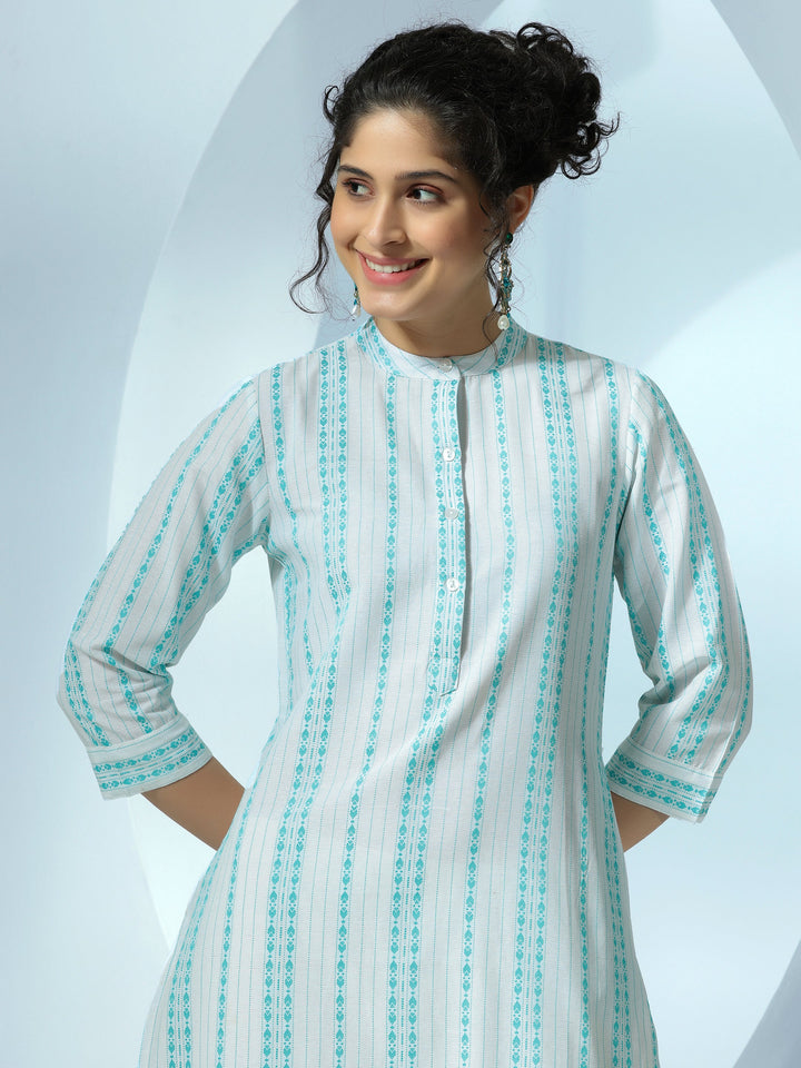 White Woven Design Cotton Straight Kurta