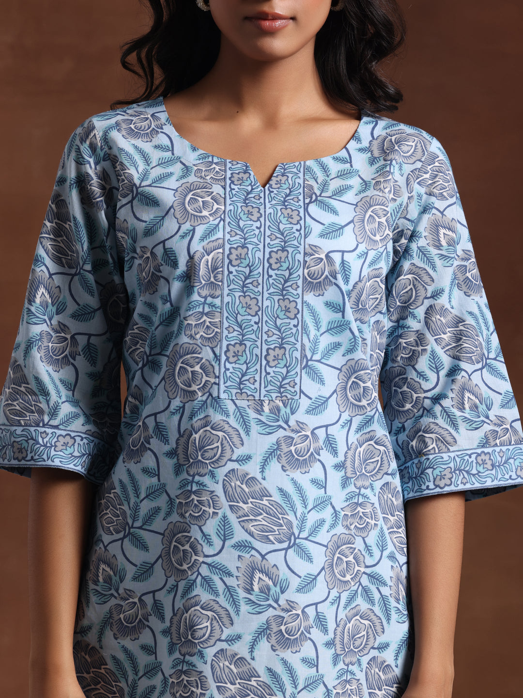 Blue Printed Cotton Straight Kurti