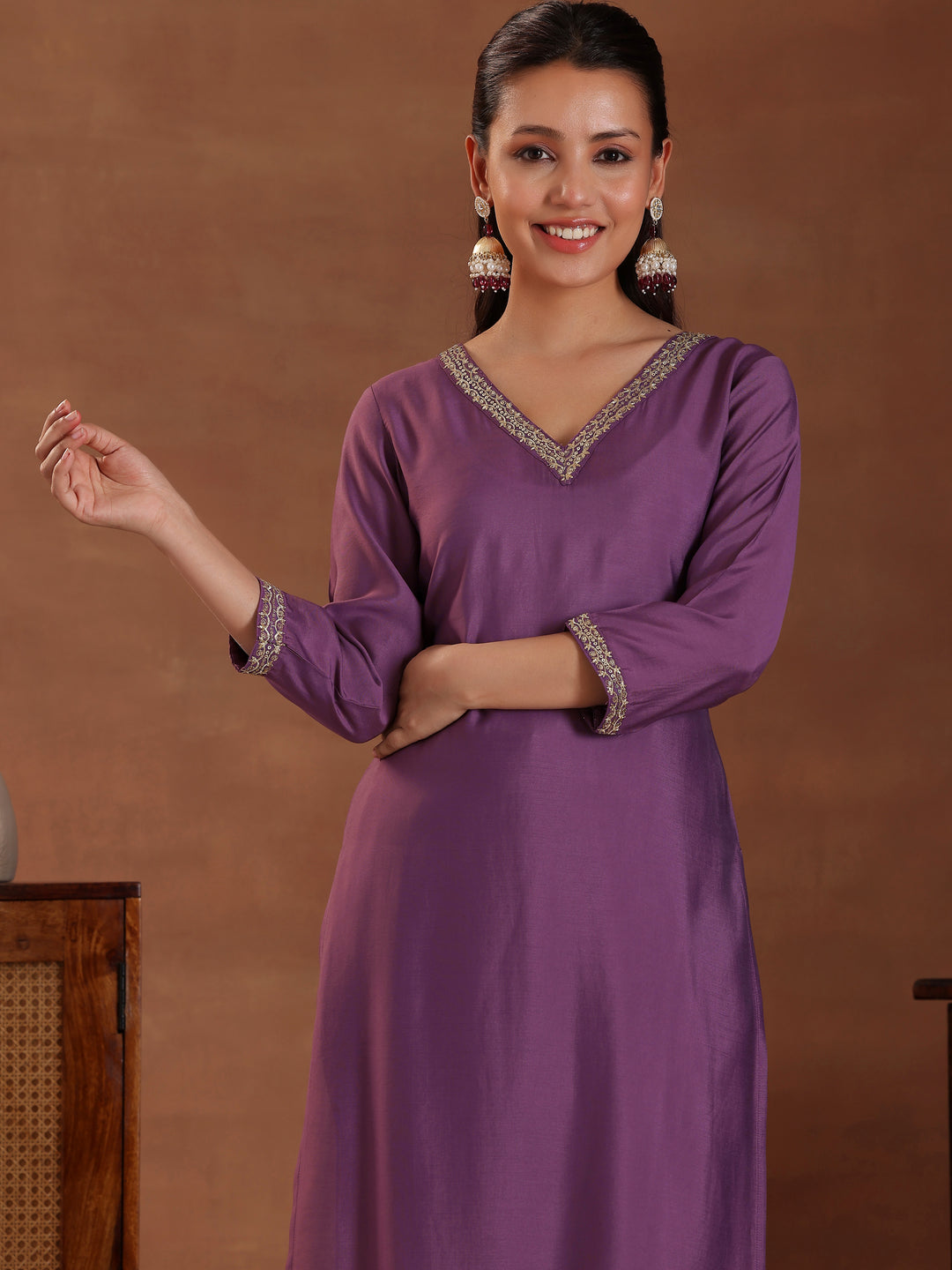 Purple Solid Silk Blend Straight Suit With Dupatta