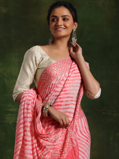 Coral Printed Poly Georgette Saree With Unstitched Blouse Piece