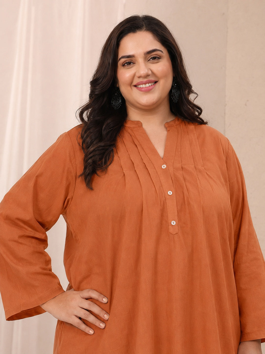 Plus Size Orange Solid Cotton Blend Straight Short Kurti