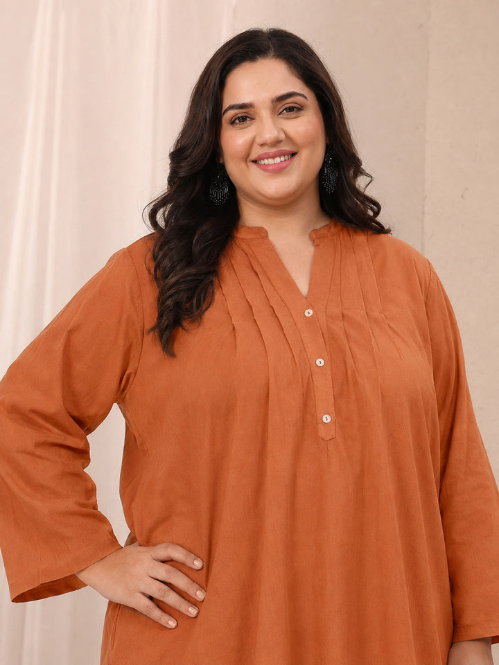 Plus Size Orange Solid Cotton Blend Straight Short Kurti