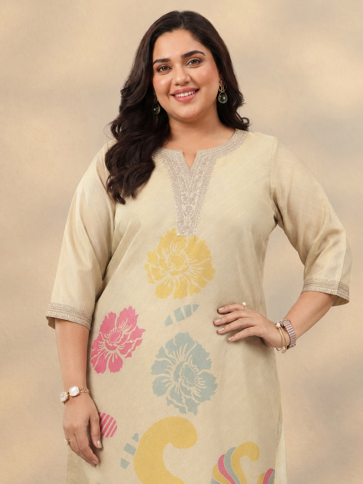 Plus Size Gold Abstract Printed Silk Blend Straight Suit Set