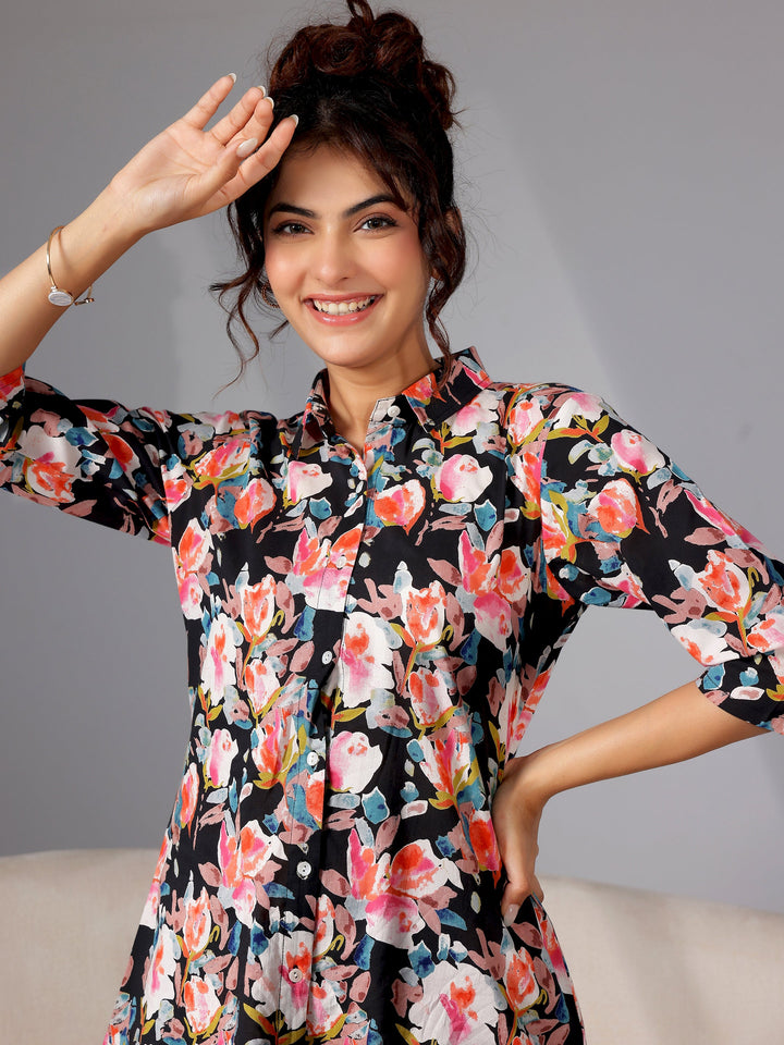 Black Printed Cotton Night Suits