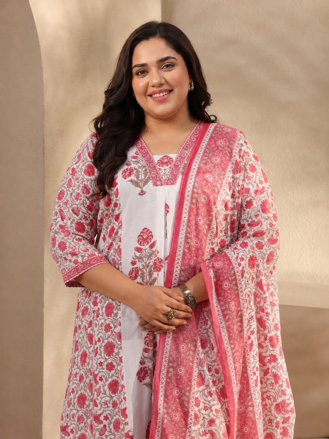 Plus Size Pink Floral Printed Cotton Blend Anarkali Suit Set