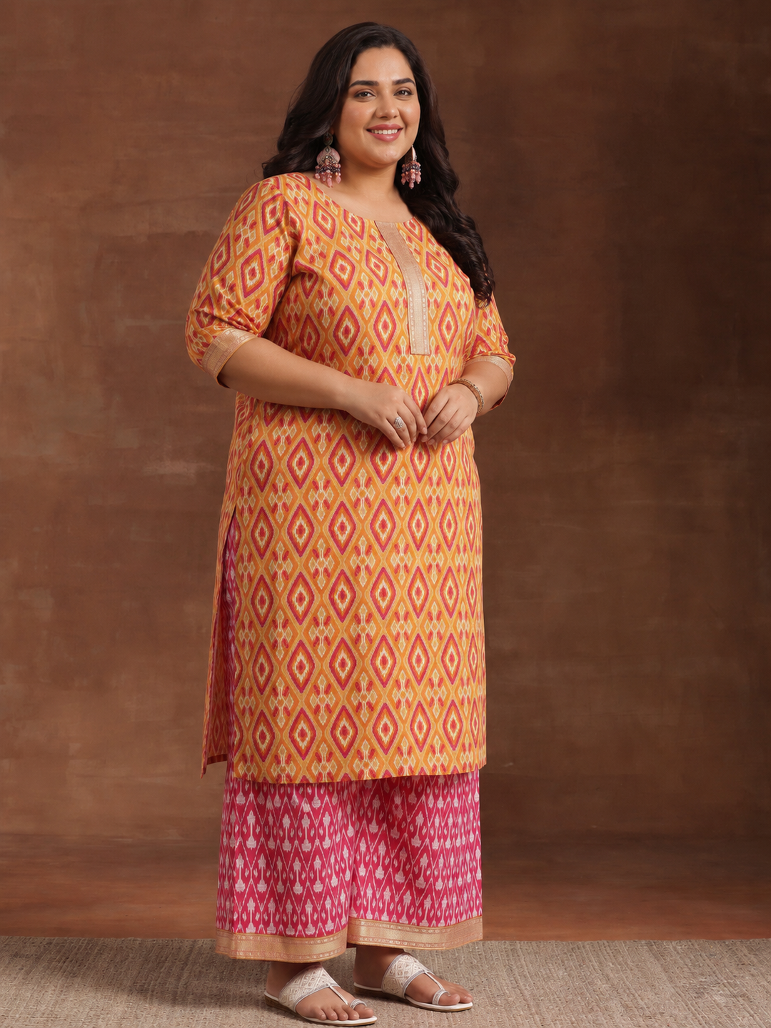 Plus Size Orange Floral Printed Cotton Straight Suit Set