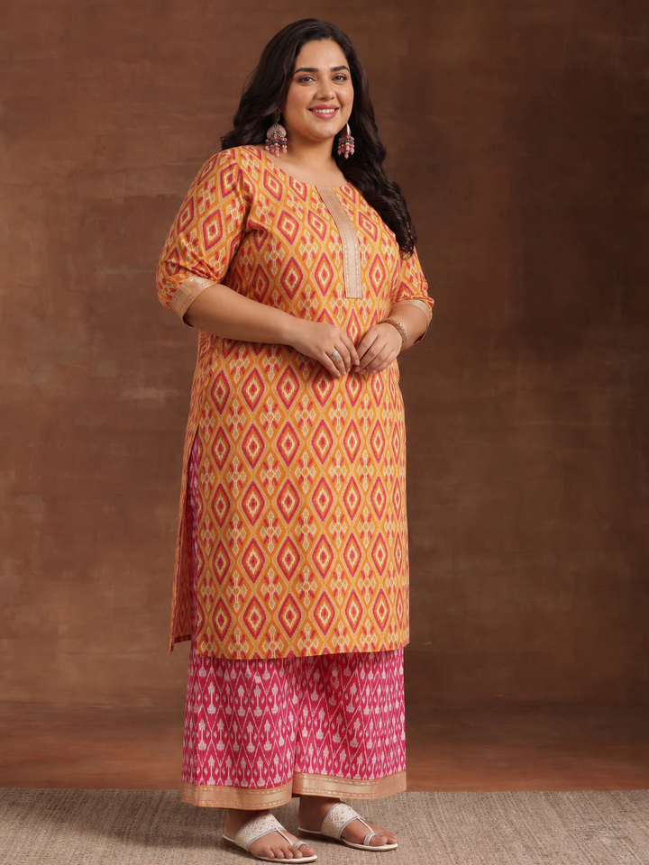 Plus Size Orange Floral Printed Cotton Straight Suit Set