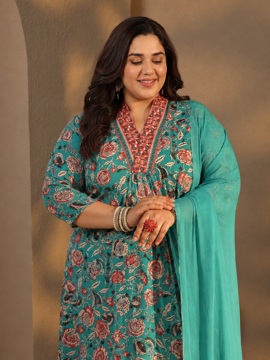 Plus Size Blue Floral Printed Cotton Blend A-line Suit Set