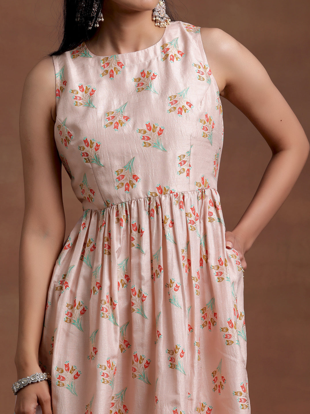 Powder Pink Printed Silk Blend A-Line Kurta With Palazzos & Dupatta