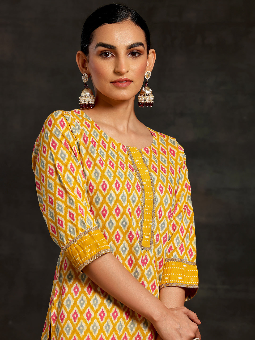 Mustard Printed Cotton Straight Suit With Dupatta