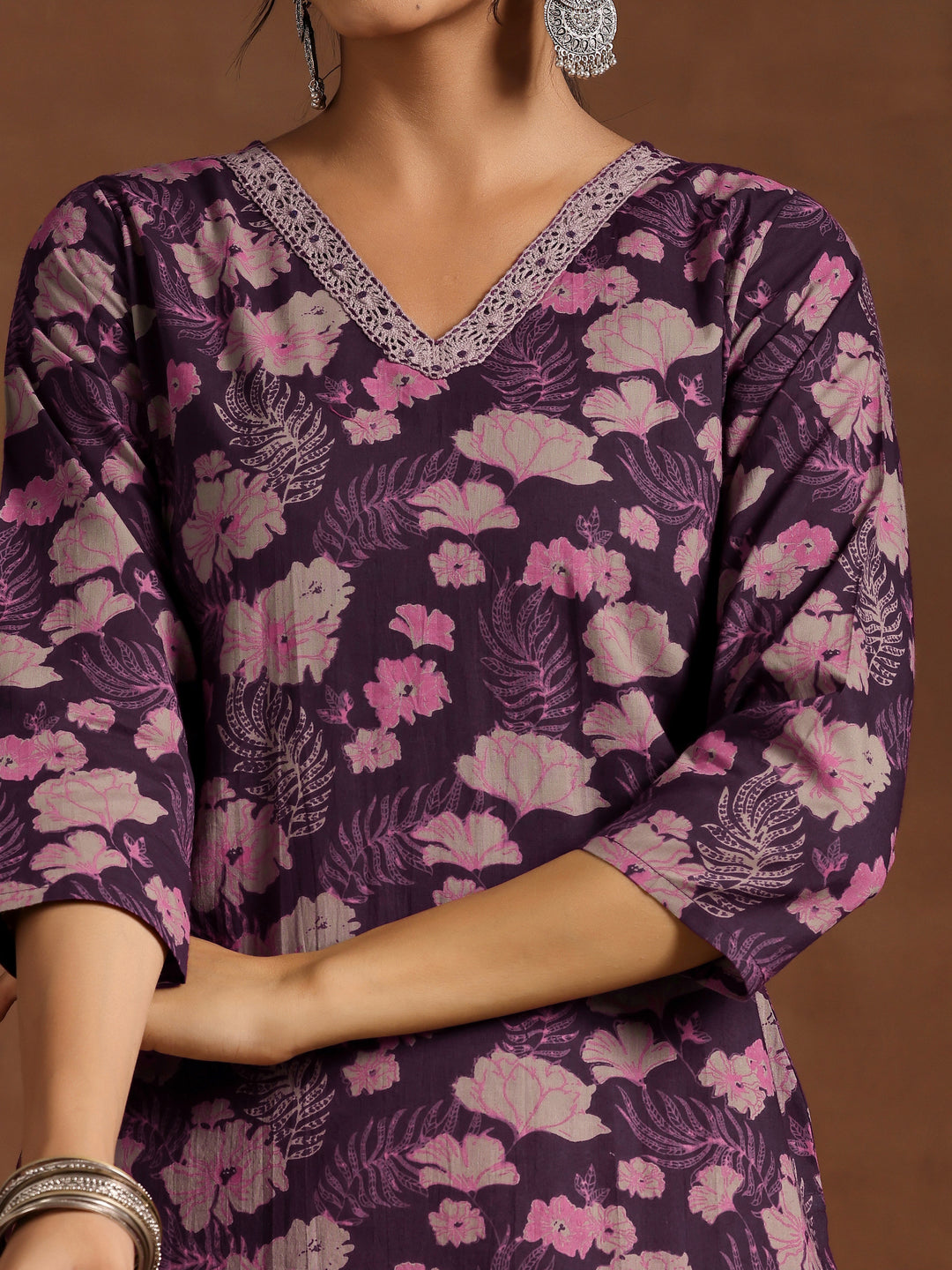 Wine Printed Cotton Straight Suit With Dupatta