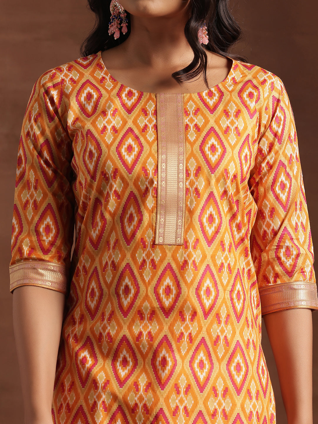 Orange Printed Cotton Straight Suit With Dupatta