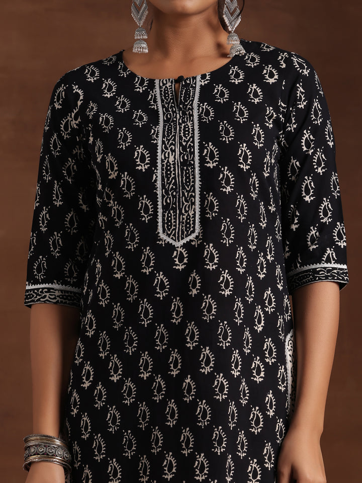 Black Printed Cotton Straight Suit With Dupatta