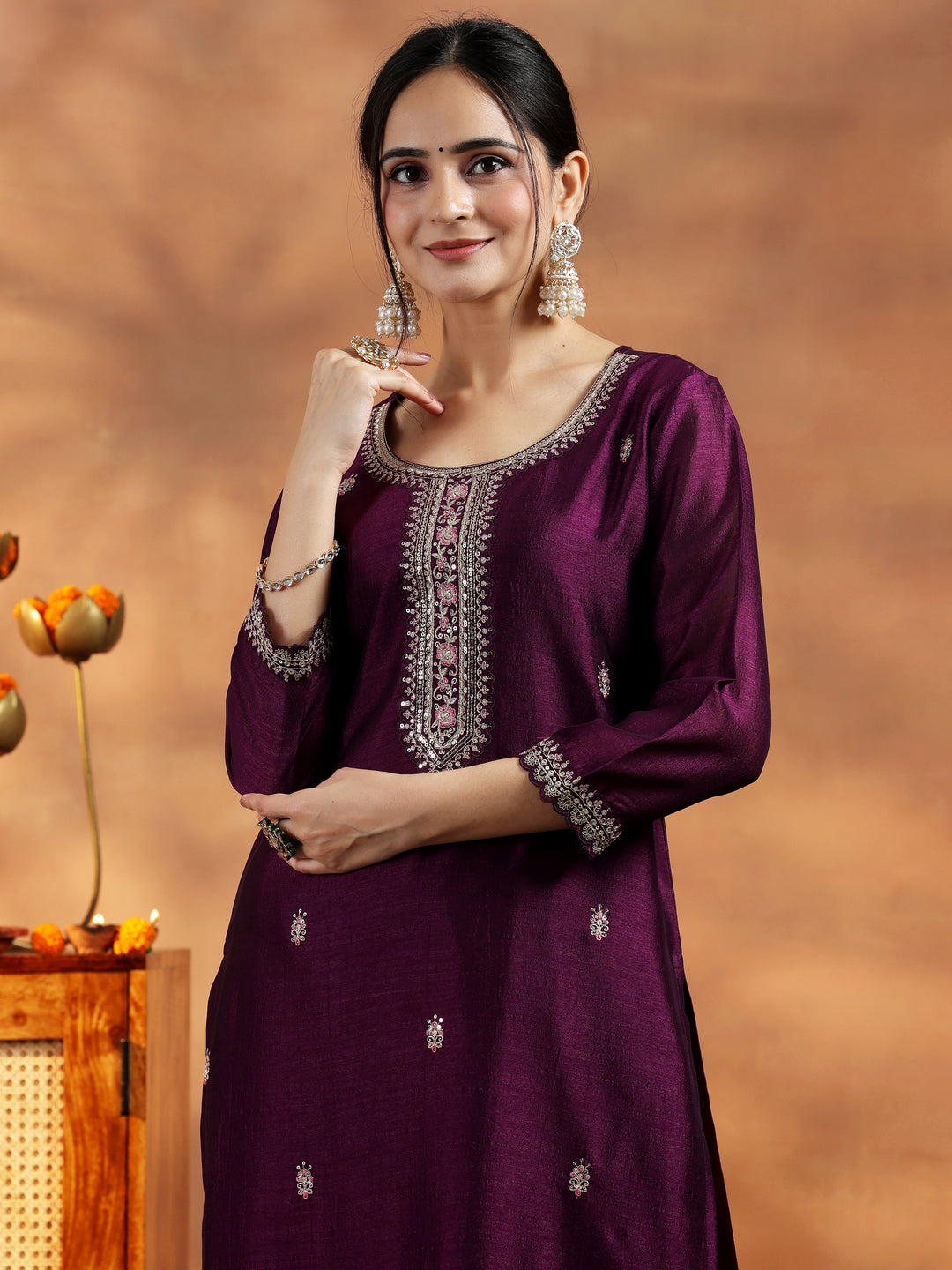Burgundy Embroidered Silk Straight Kurta