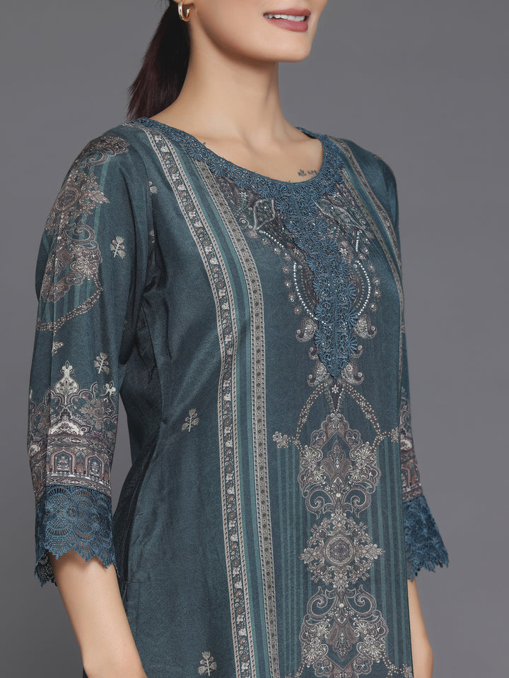 Green Printed Silk Blend Straight Suit Set With Dupatta