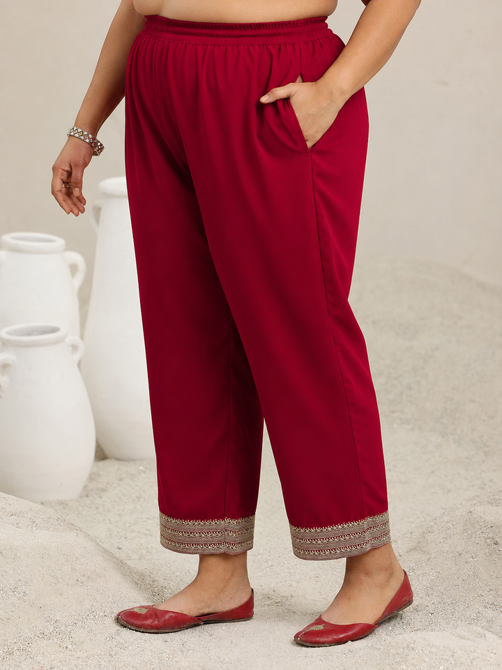 Plus Size Red Embroidered Georgette Straight Suit Set