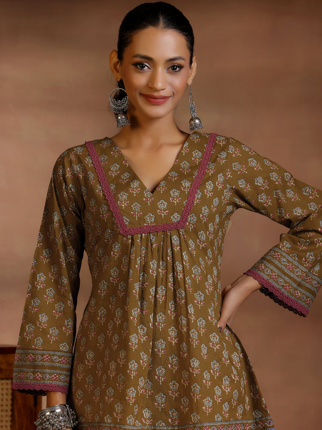 Libas Olive Printed Cotton A-Line Kurti