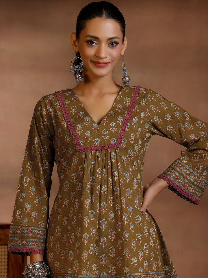 Libas Olive Printed Cotton A-Line Kurti
