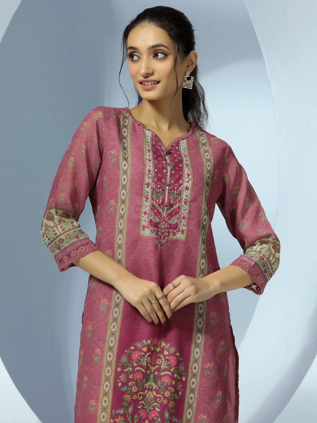 Mauve Printed Cotton Blend Straight Suit With Dupatta